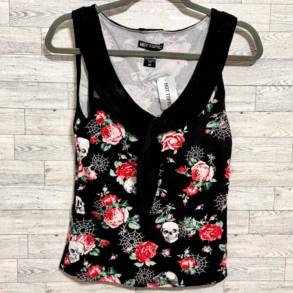 Hot Topic Womens Sz-Small Skull Rose Tie Front Tank Top Black Red Retro Goth NEW - Picture 9 of 12